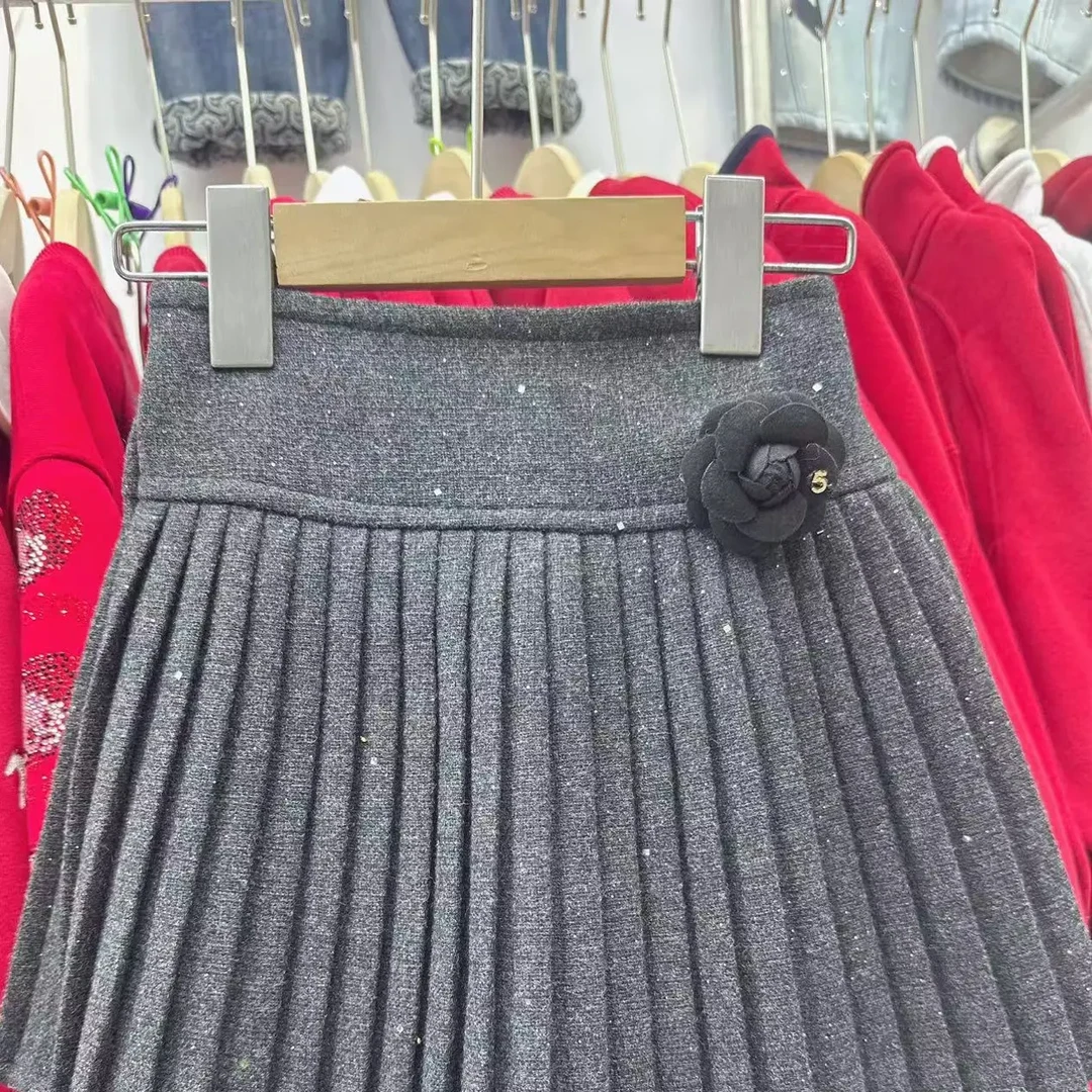 女童秋冬洋气百搭学院风毛呢百褶半身短裙