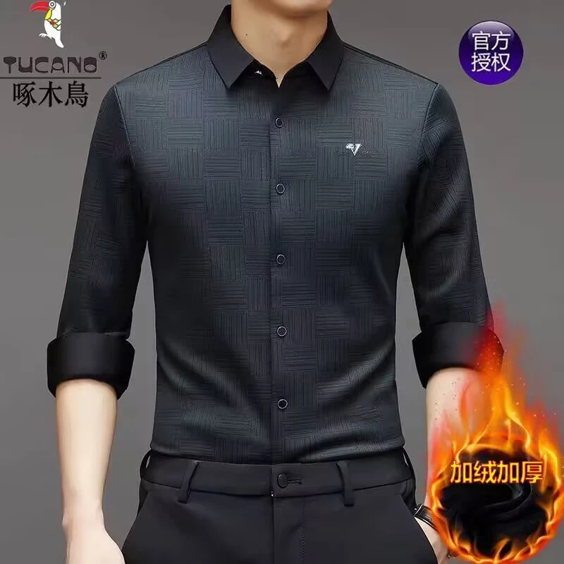 啄木鸟冬季新款男士加绒加厚保暖衬衫中青年商务休闲抗皱免烫衬衣