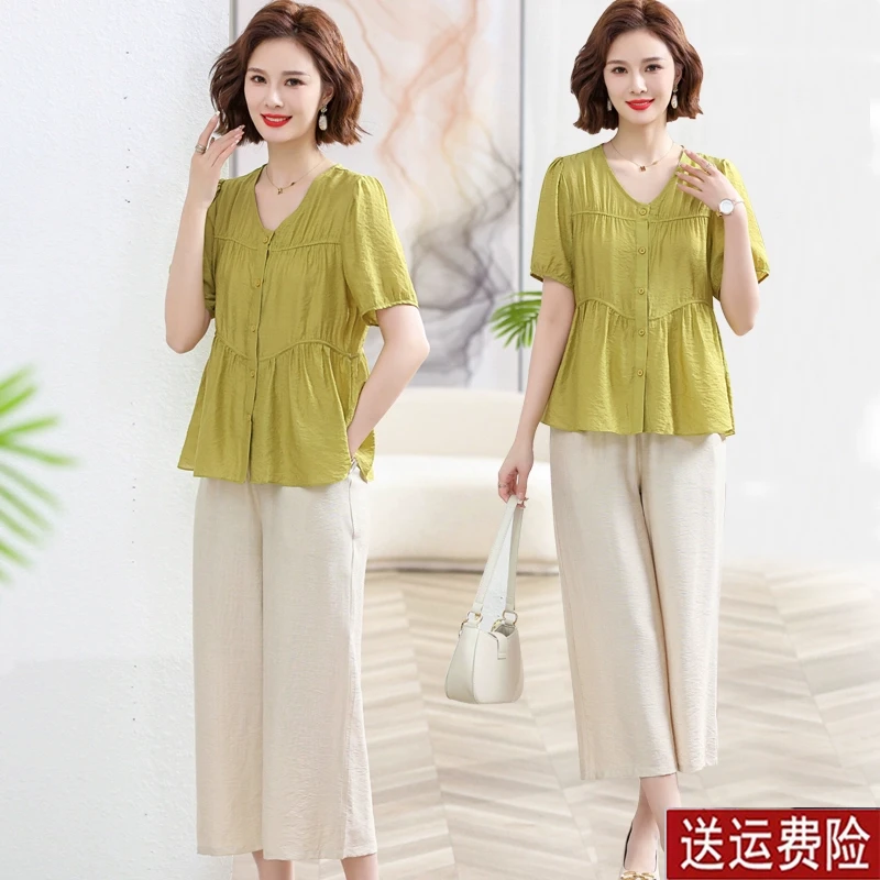 妈妈装夏装短袖棉麻两件套2025新款中老年女装洋气贵妇人中年套装