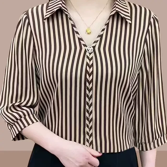 2024衬衫女夏新款设计感气质七分袖上衣洋气减龄POLO领雪纺衫衬衣