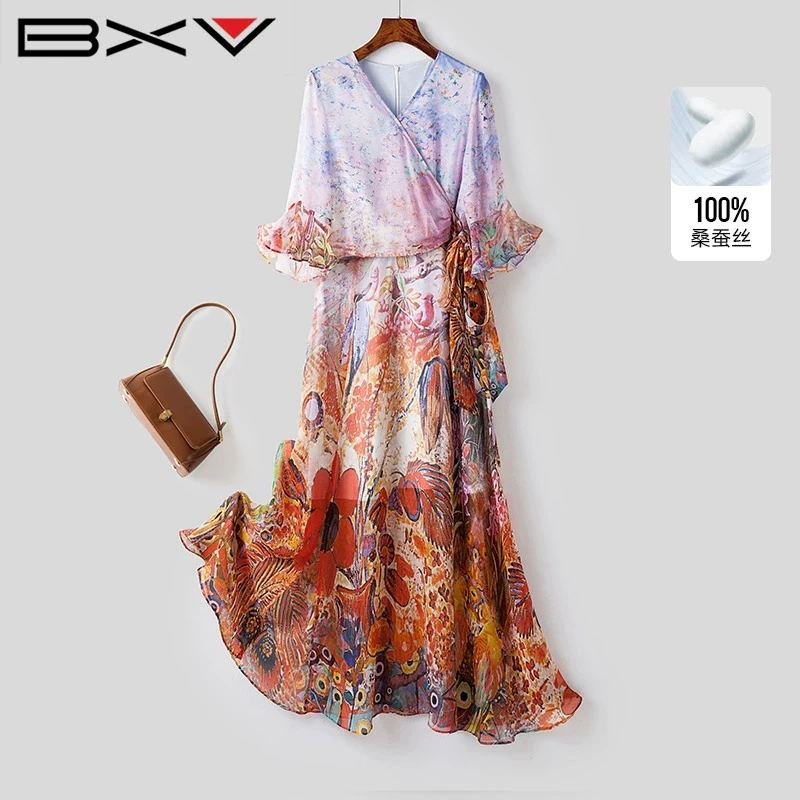 BXV印花真丝连衣裙女2025夏季新款喇叭袖V领飘带度假桑蚕丝长裙子