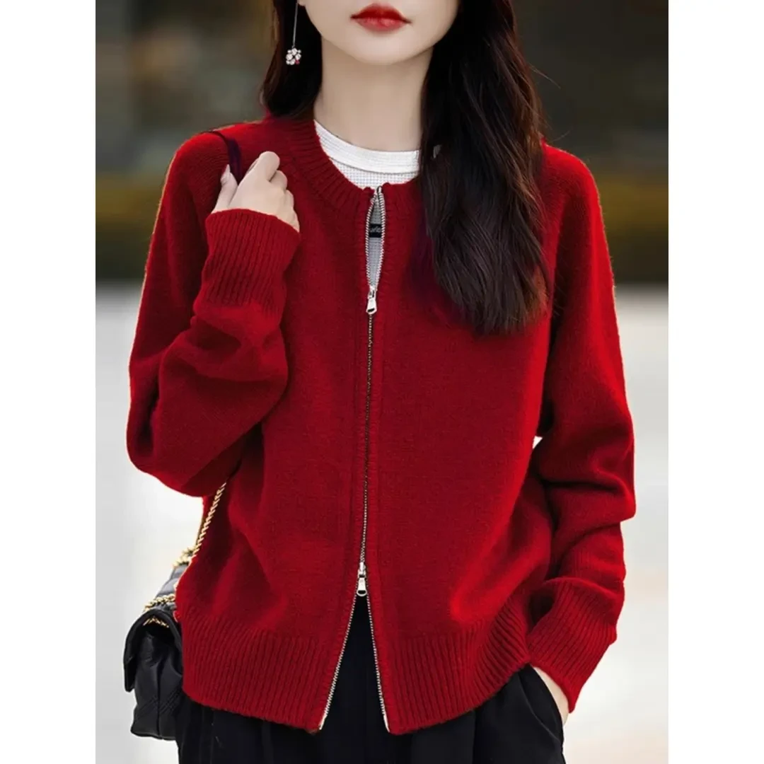 JY#圆领双拉链针织开衫女款减龄宽松设计感小众外套DY7993