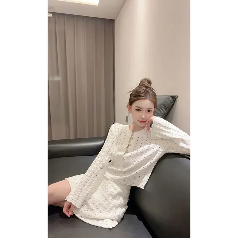 禅意气质款女装法式镂空长袖上衣夏季气质收腰显瘦半身裙两件套