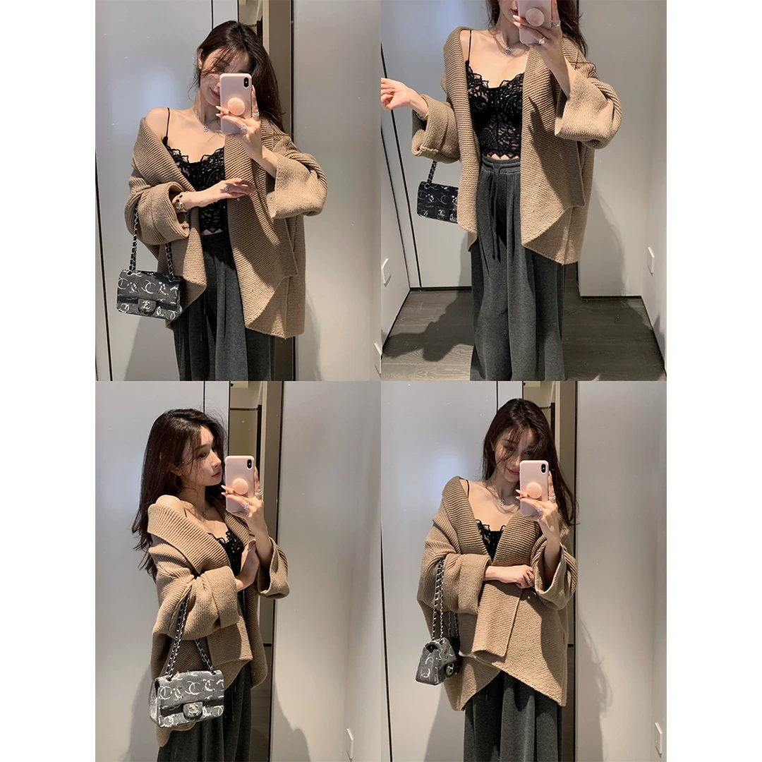 ACHI大也池◆软梦~翻领落肩针织开衫宽松慵懒长袖外套