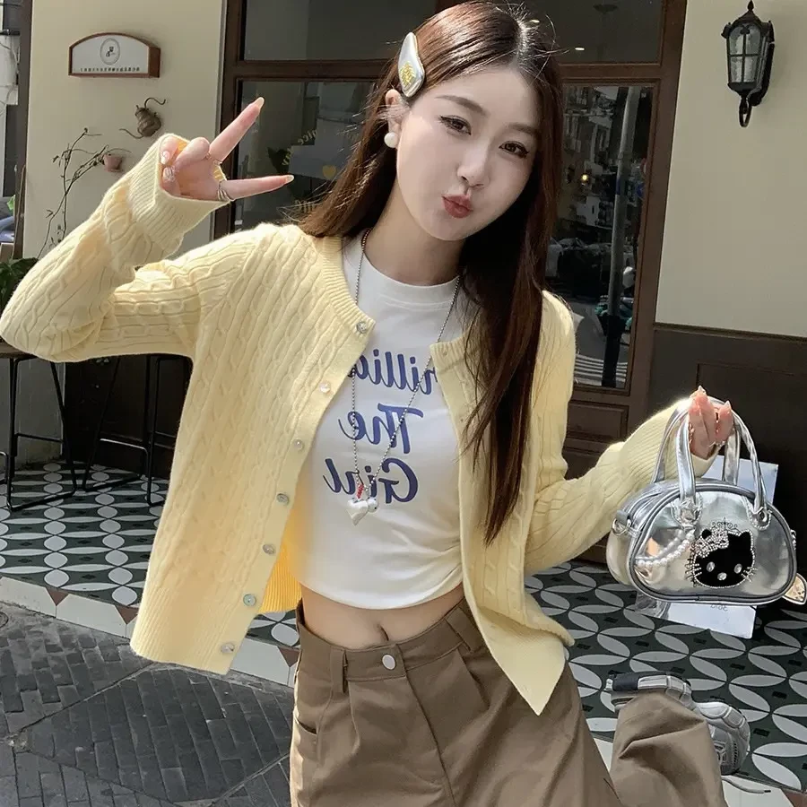 黄色针织开衫女麻花毛衣高级感纯色百搭圆领开衫2025新款外搭上衣