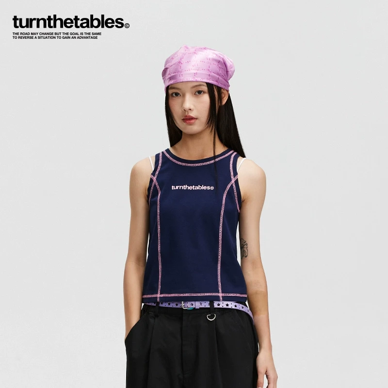 Turnthetables明线撞色印花背心马甲美式复古潮牌运动无袖tee夏季