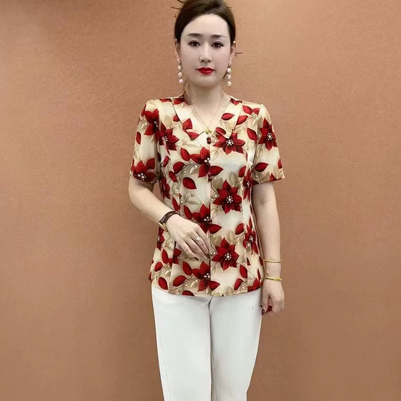 中年女装夏季新款上衣时尚印花短袖小衫J妈妈装气质T恤减龄打底衫