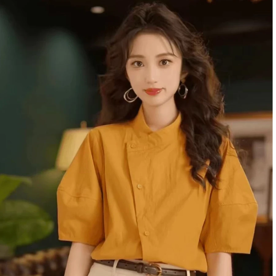 夏季新款短袖衬衫小众休闲百搭宽松斜门襟设计感港风复古气质上衣