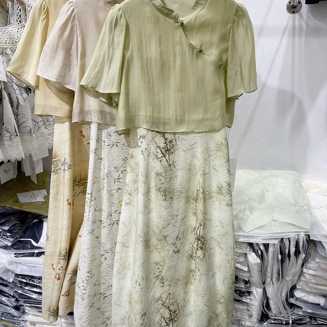 大码女装夏胖mm新中式气质雪纺上衣新中式吊带连衣裙国风两件套装