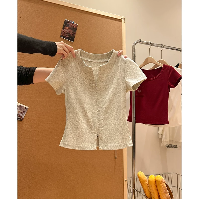 韩系圆领正肩拉链设计短袖T恤开衫女2025春夏高级感修身气质上衣