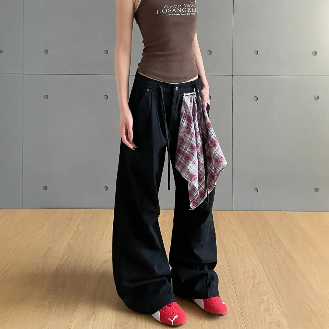 美式复古格子方巾拼接牛仔裤男女街头宽松褶皱设计感裤子潮休闲