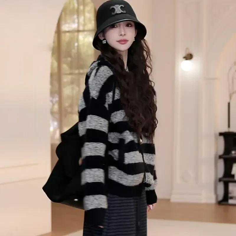 C10177复古慵懒风宽松双头拉链连帽口袋条纹毛衣外套