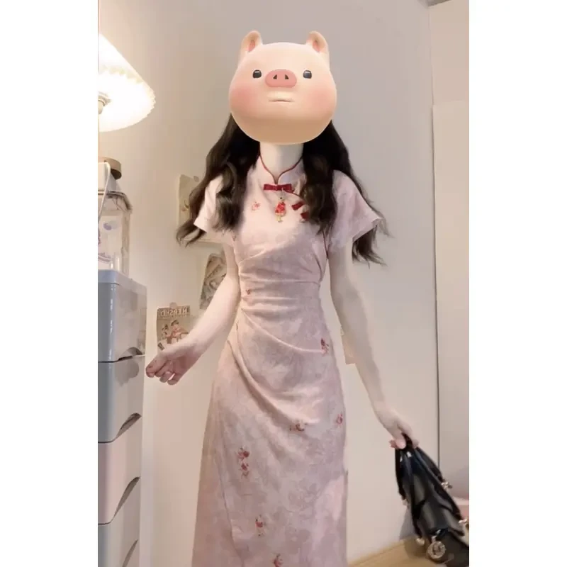 新中式粉色改良旗袍日常温柔气质短袖修身民国风连衣裙女