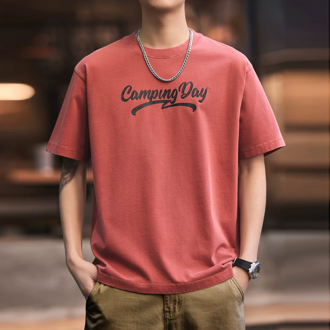 格蓝鹿美式复古纯棉印花短袖t恤男2025夏季宽松红色圆领半袖体恤