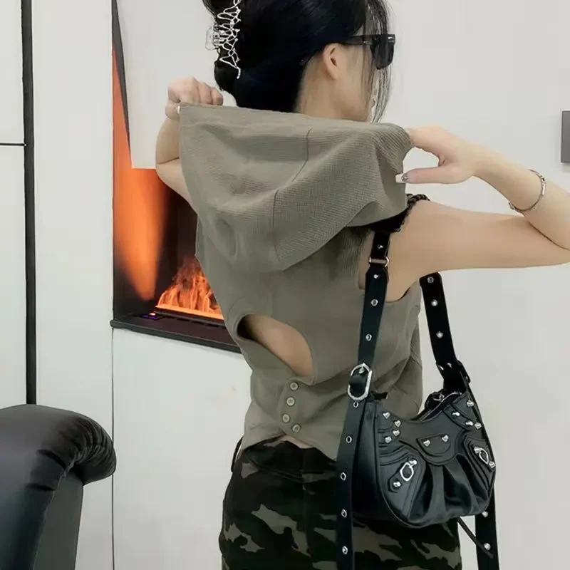 美式辣妹连帽个性后背设计感镂空无袖背心女2025新款显瘦百搭上衣