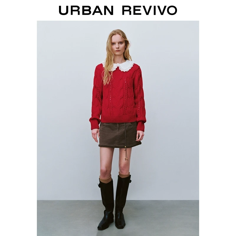 UR2025秋季新款女装红色镂空绞花肌理感针织衫UYL950012