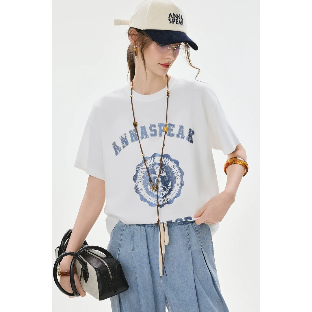 ANNASPEAK慵蓝航海系定制珠光海豚印花清凉长绒棉宽松短袖T恤夏季