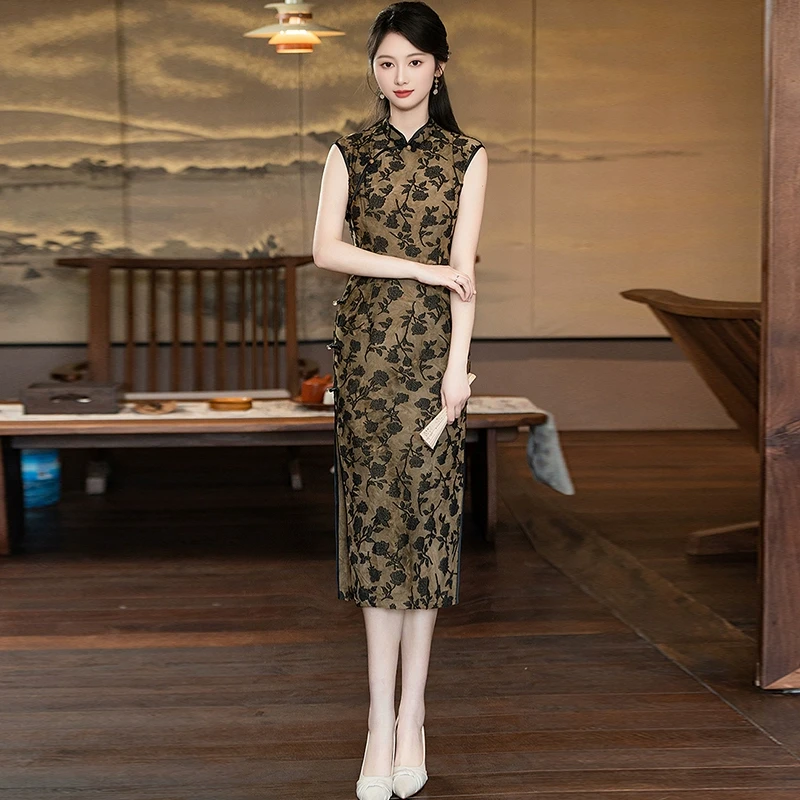 新中式旗袍高端长裙2025夏季无袖老上海日常可穿高档素雅国风礼服
