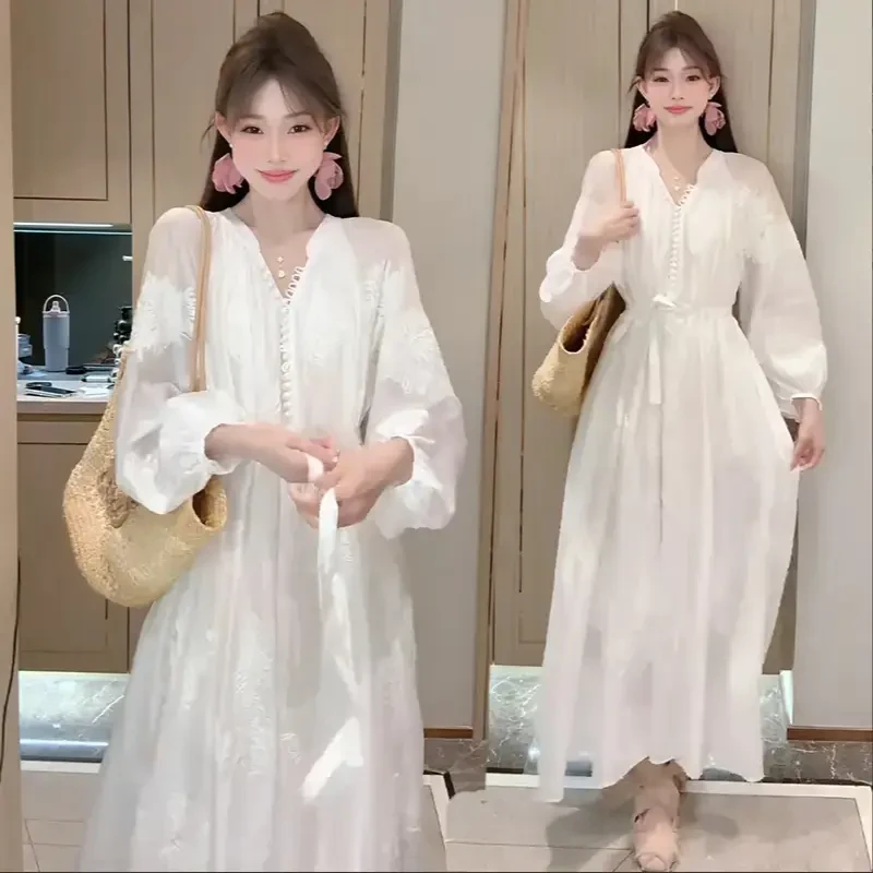 【小鹿lulu专属】天丝高级感法式绣花长袖2025新款宽松绝美纱裙长裙