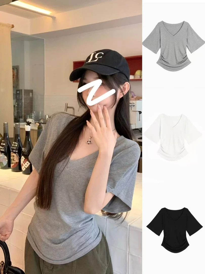 【夏染彩虹】休闲显瘦气质韩版设计感修身显瘦V领短袖T恤纯色简约女