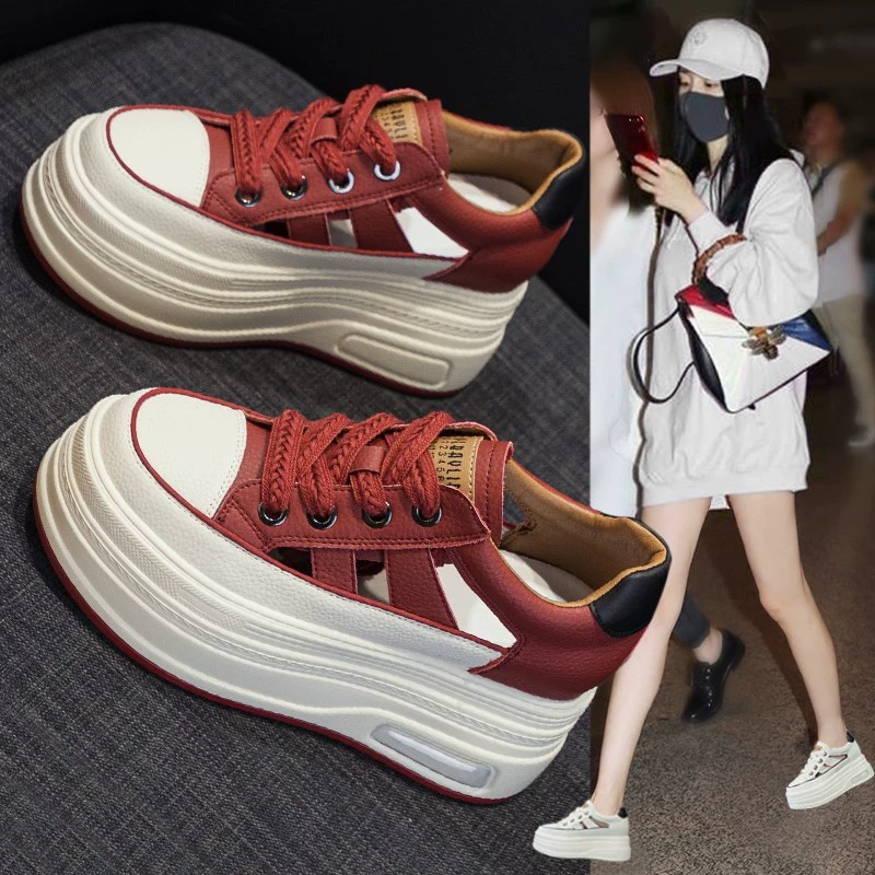 万达撤柜头层牛皮内增高小白鞋2025夏季新款透气镂空厚底运动凉鞋