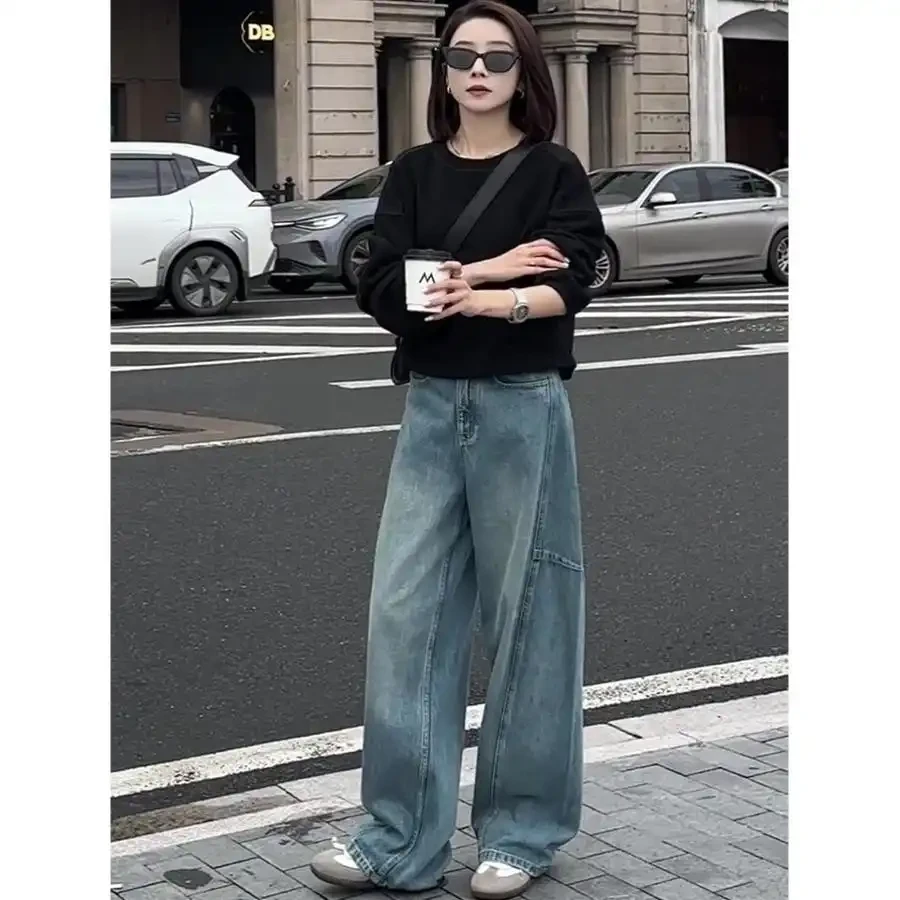 美式直筒阔腿牛仔裤女春秋季松弛感大码胖mm宽松垂感显瘦香蕉长裤