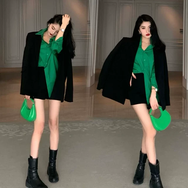 2025春装新款男友风绿色宽松防晒衬衫上衣+黑色西装外套女两件套