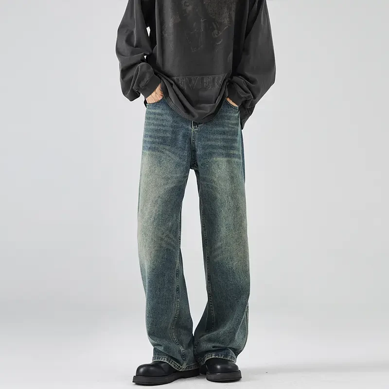春夏新款潮牌复古牛仔裤男生潮流百搭水洗高级感美式宽松直筒长裤