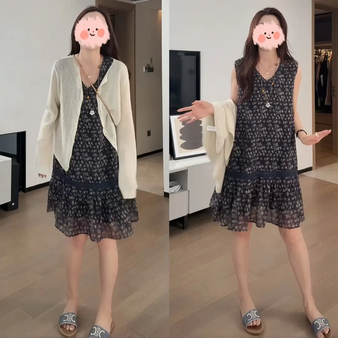 2025夏季时尚镂空防晒长袖针织开衫外搭显瘦碎花无袖连衣裙套装女