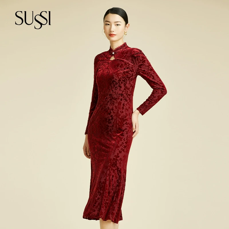 SUSSI/古色冬季商场同款新年红装中国风妈妈婚宴连衣裙喜服