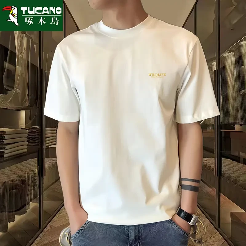 啄木鸟短袖T恤男士2025新款春秋季纯棉半袖圆领上衣服打底衫潮白t