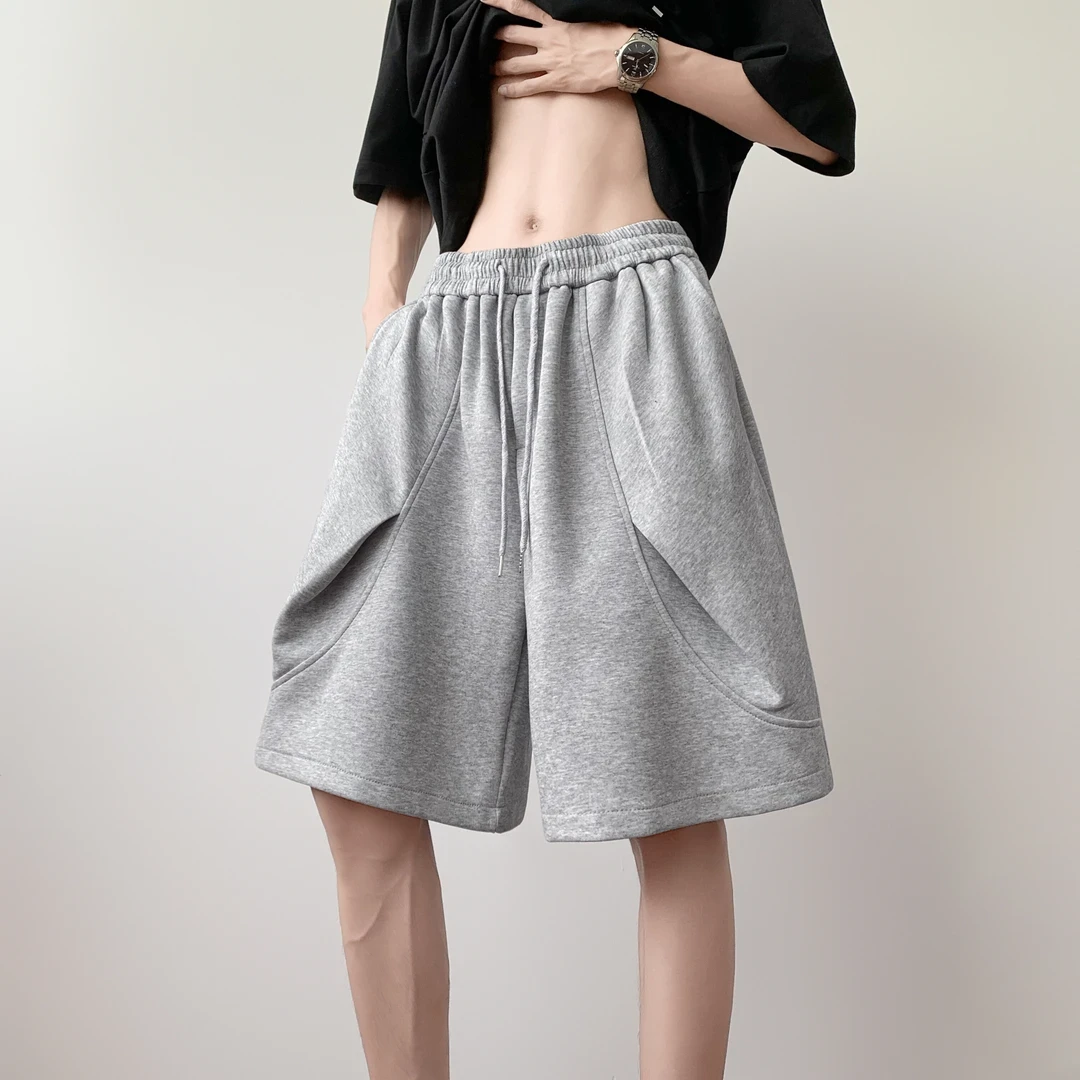 夏季新款韩版宽松褶皱直筒五分卫裤男百搭纯色休闲运动短裤潮