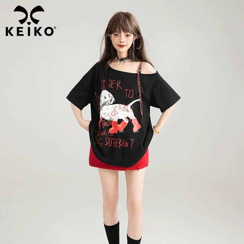 KEIKO 编织肩带短袖斜肩T恤女夏季美式小狗印花宽松露肩体恤上衣