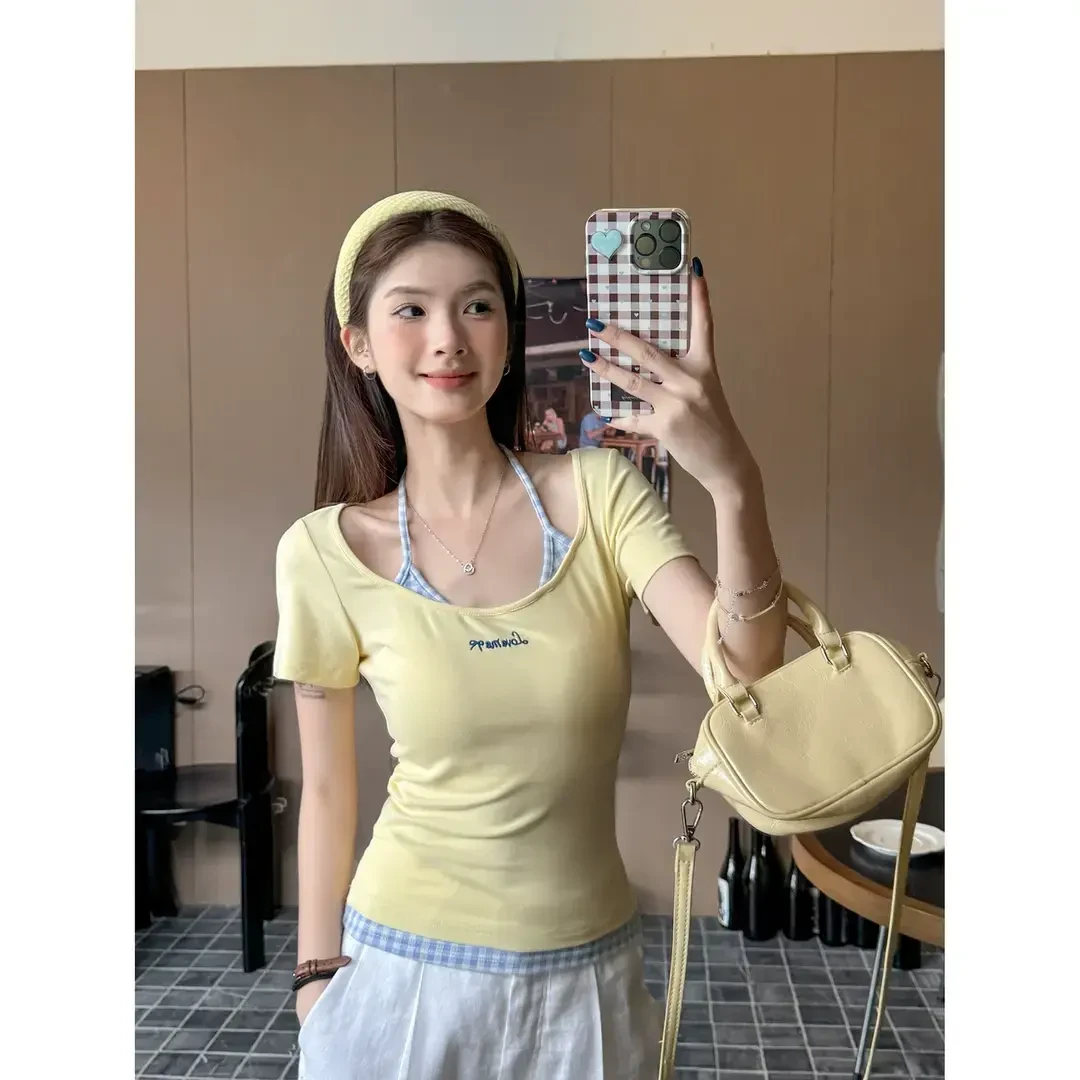 韩系假两件正肩短袖t恤女2025新款甜洋气修身多巴胺穿搭绝美上衣