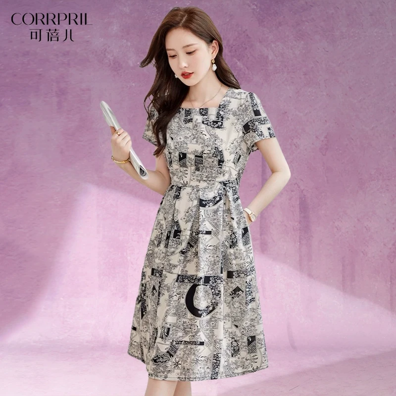 中长款高腰修身显瘦印花连衣裙女短袖春夏小个子妈妈收腰休闲裙子