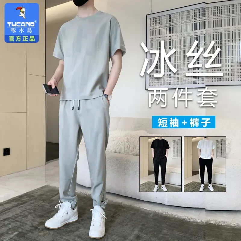 啄木鸟爆款冰丝男士长裤短袖运动T恤套装百搭薄款休闲T恤两件套装