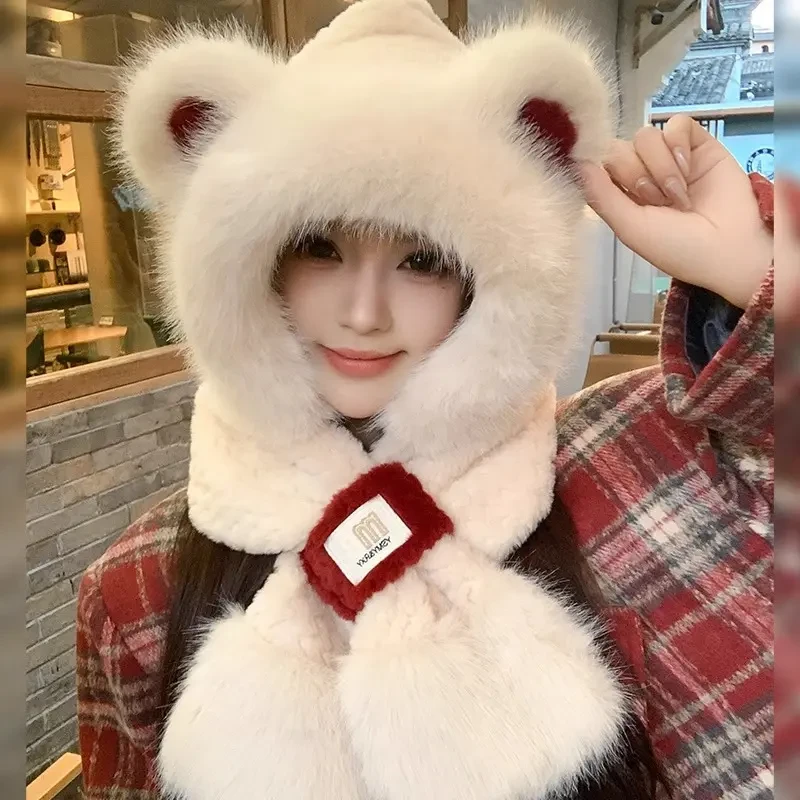 可爱小熊毛绒帽子围巾一体女冬季百搭双层加厚保暖骑车防寒围脖G