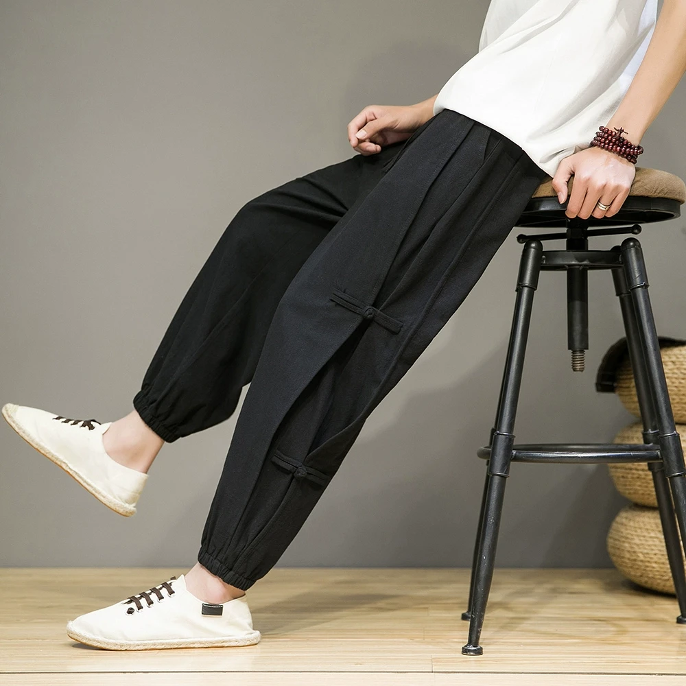 复古潮牌大码胖子束脚九分裤男中国风春夏季设计感盘扣灯笼运动裤