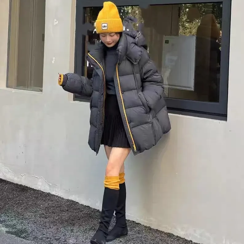 依美阁女装推介中长款立领连帽撞色款50绒棉服休闲宽松显瘦百搭