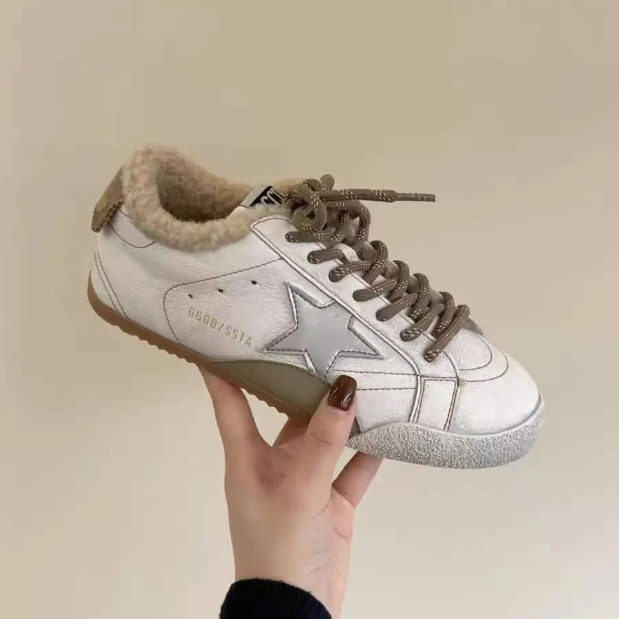 复古做旧脏脏鞋星星毛毛加绒保暖防滑软底全皮