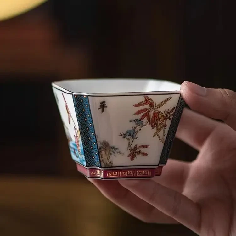 羊脂玉四季平安主人杯100ML功夫茶杯四方品茗杯高档A13406