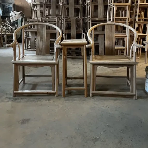 北方榆木全实木素圈椅全榫卯禅意茶椅家用客厅书房餐椅三件套