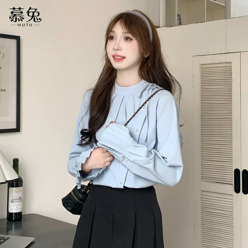 慕兔法式高级感不规则长袖衬衫女2024秋季新款设计感小众宽松上衣