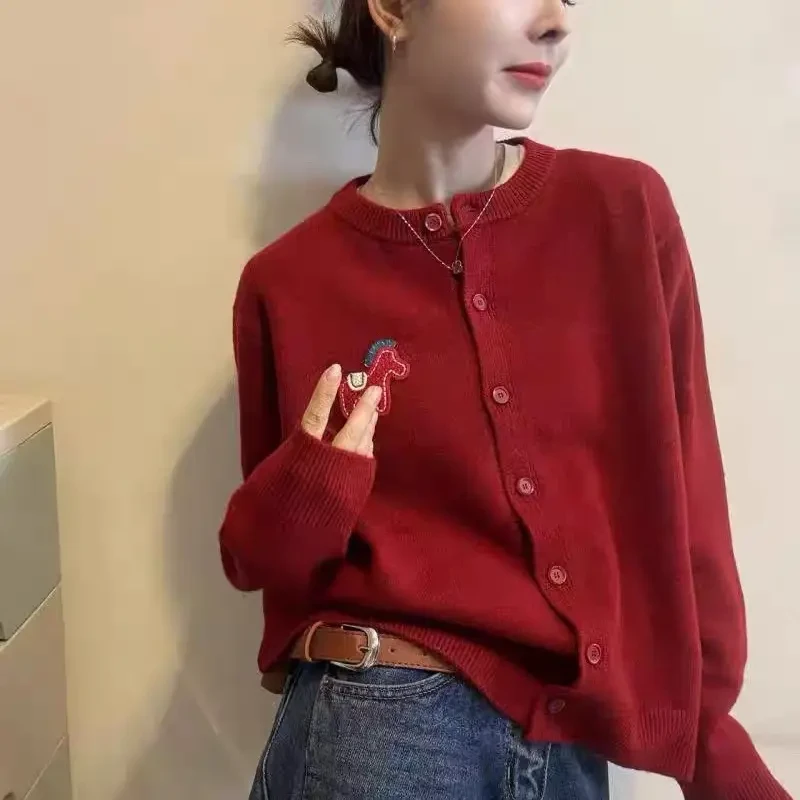 【非图片款】圣诞红小马刺绣针织开衫女秋冬温柔减龄外搭