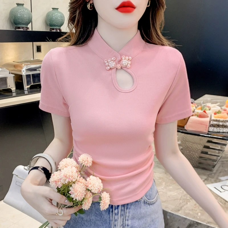 中式盘扣立领短袖恤女夏季2025新款设计感镂空修身短款小众上衣