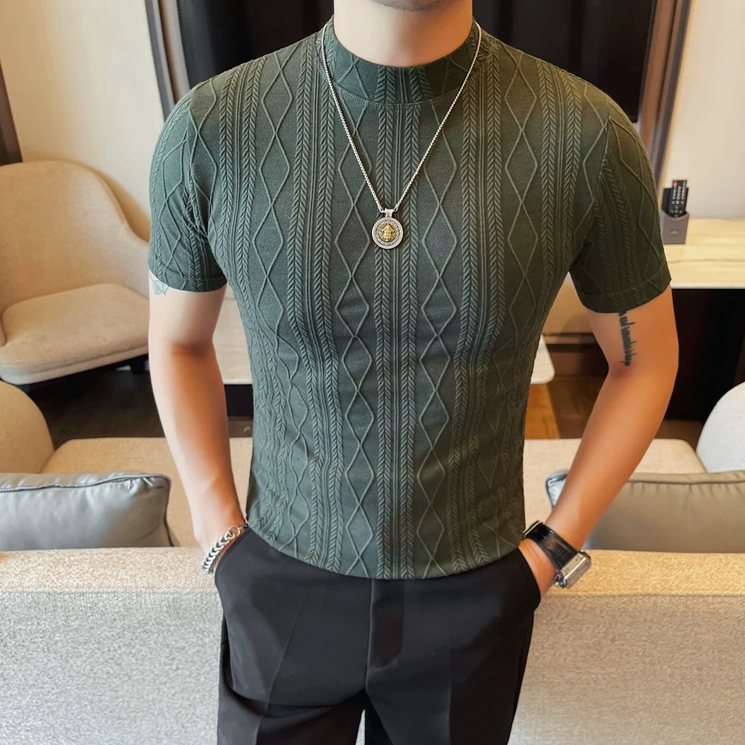 男士T恤短袖2025春夏季新款男装内搭潮牌提花半袖中领打底衫男款