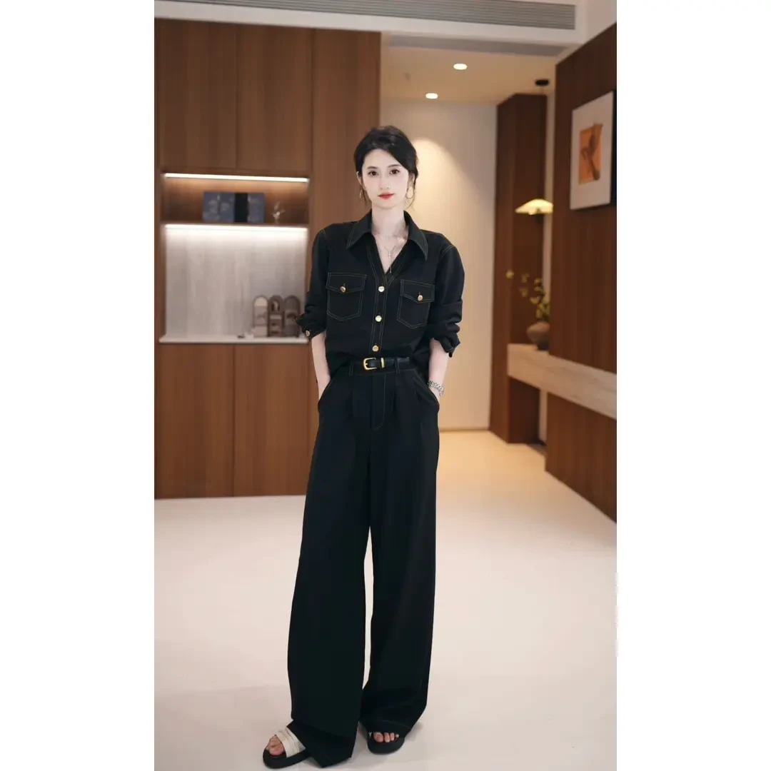 【两件套】【送腰带】秋季复古轻奢显瘦翻领衬衫高腰阔腿裤套装JT0093
