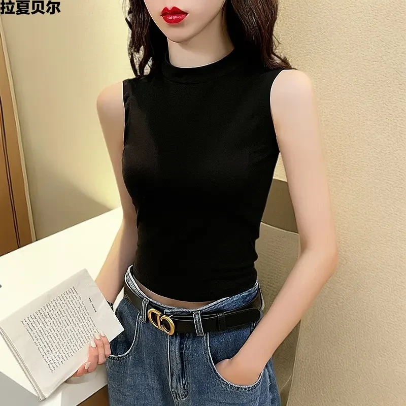 拉夏贝尔拉夏贝尔女小背心无袖2025外穿半高领T恤内搭夏黑色