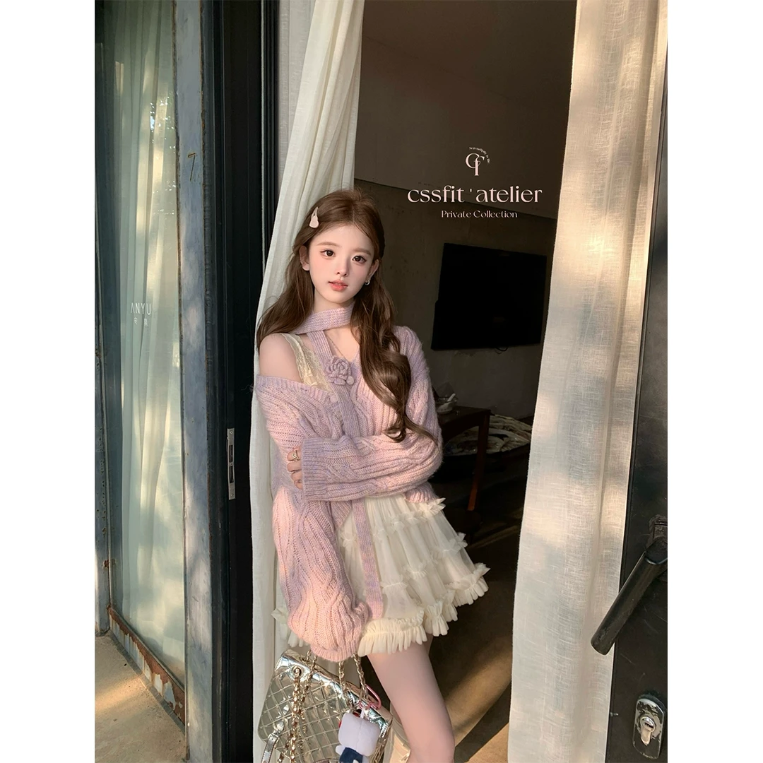 迟伞伞25/ss 绵绵千金 杂色定染混紫色V领花朵飘带针织开衫女