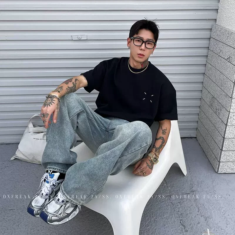 OXFREAK 「高密四点刺绣」双面针织短袖t恤男夏季圆领宽松五分袖